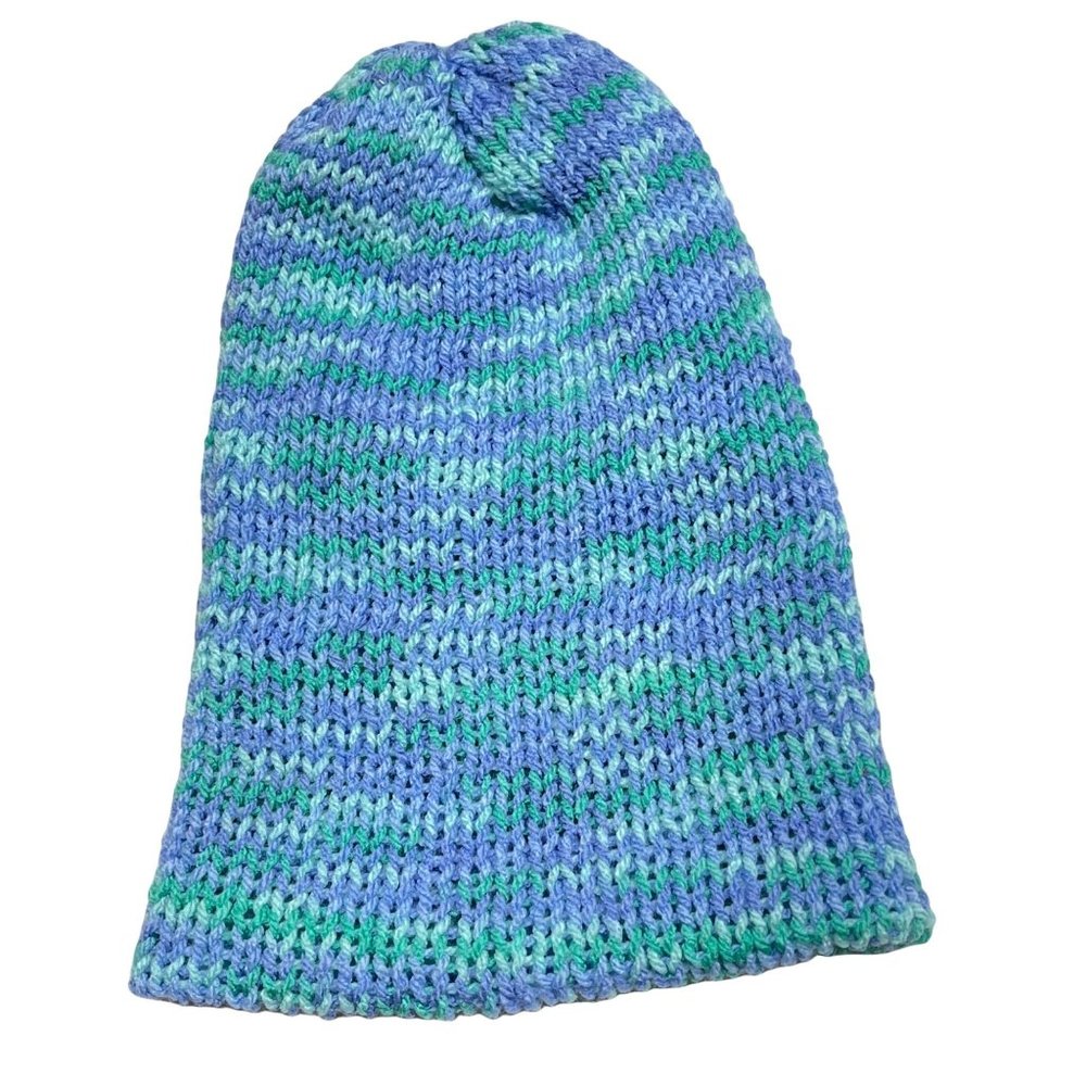 Handmade knit beanie hat blue and green double layered Adult size Women Soft - Picture 2 of 4
